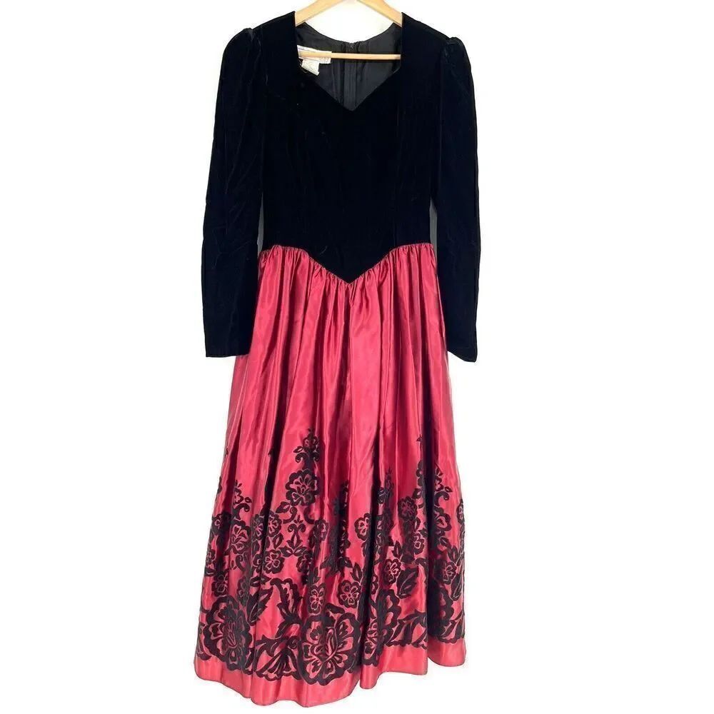 Vintage Scott McClintock Dress Size 8 Red Black Victorian Velvet Long Gown Prom
